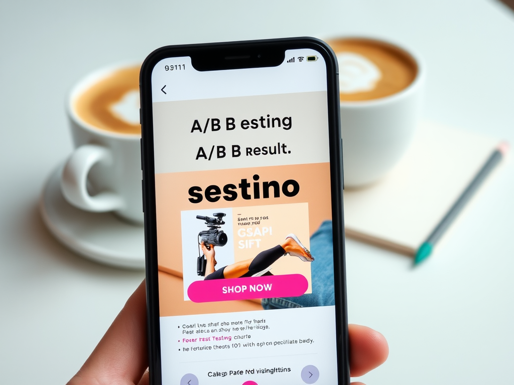 На экране телефона реклама с текстом "A/B тестирование. Результаты A/B. Закупите сейчас". На фоне кофе.