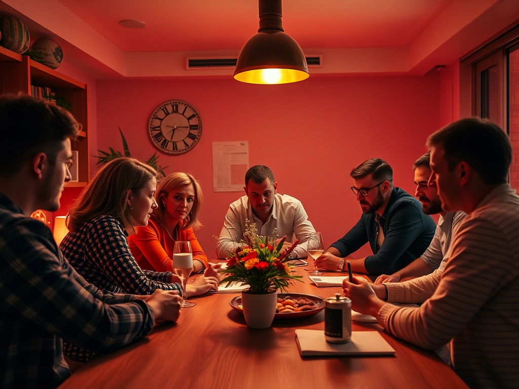 Вечерняя встреча группы людей за столом, обсуждение с напитками и закусками в уютной обстановке.