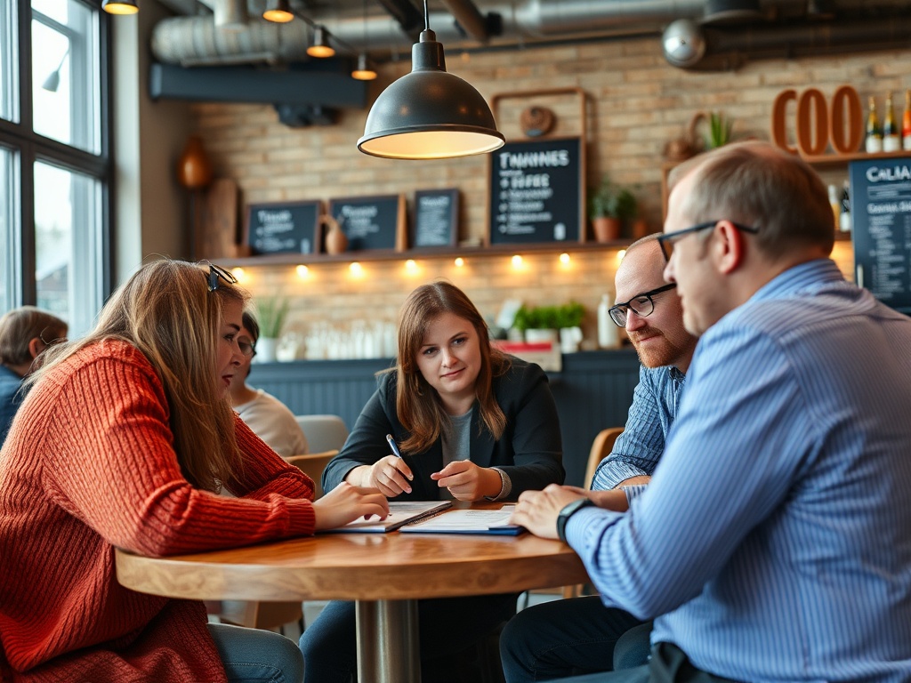 Группа людей обсуждает идеи за столом в кафе, вокруг них приятная обстановка и уютная атмосфера.