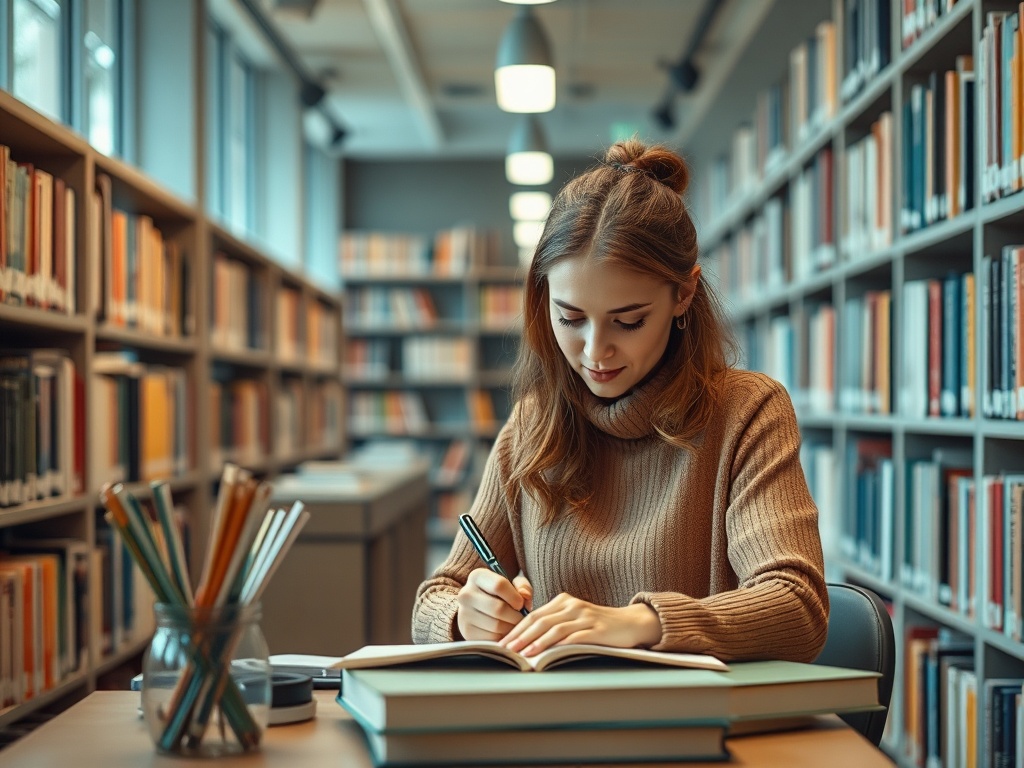 Девушка в библиотеке читает и делает записи, рядом несколько книг и канцелярские принадлежности.