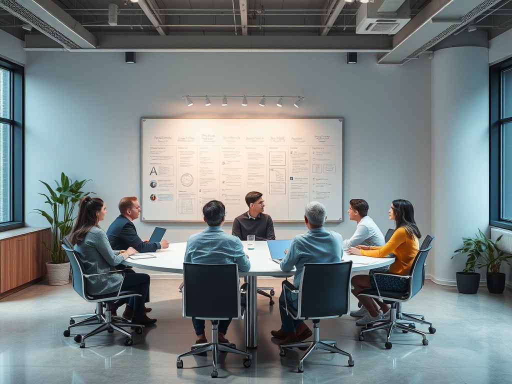 Два человека проводят совещание в современном офисе, обсуждая идеи за круглым столом. На стене - графики.