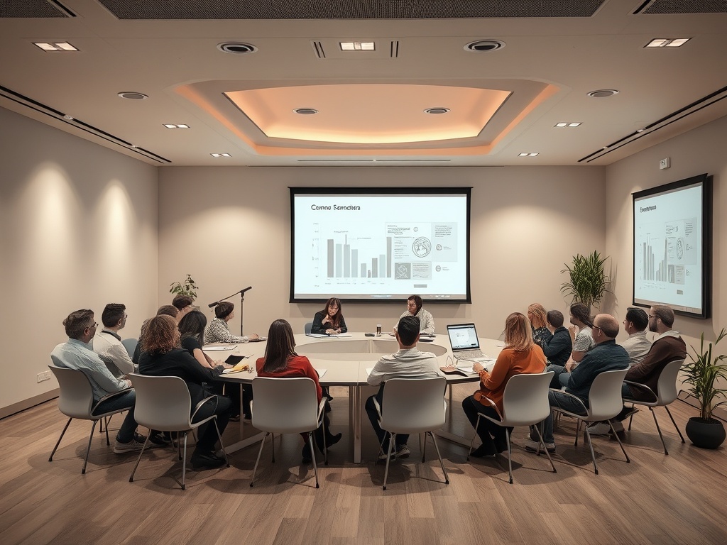 Группа людей на встрече в конференц-зале, обсуждающих графики и данные на экранах.