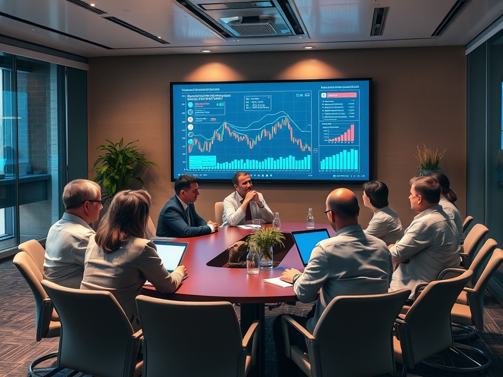 Группа людей в конференц-зале, обсуждающих графики и данные на экране. Акцент на взаимодействии и аналитике.