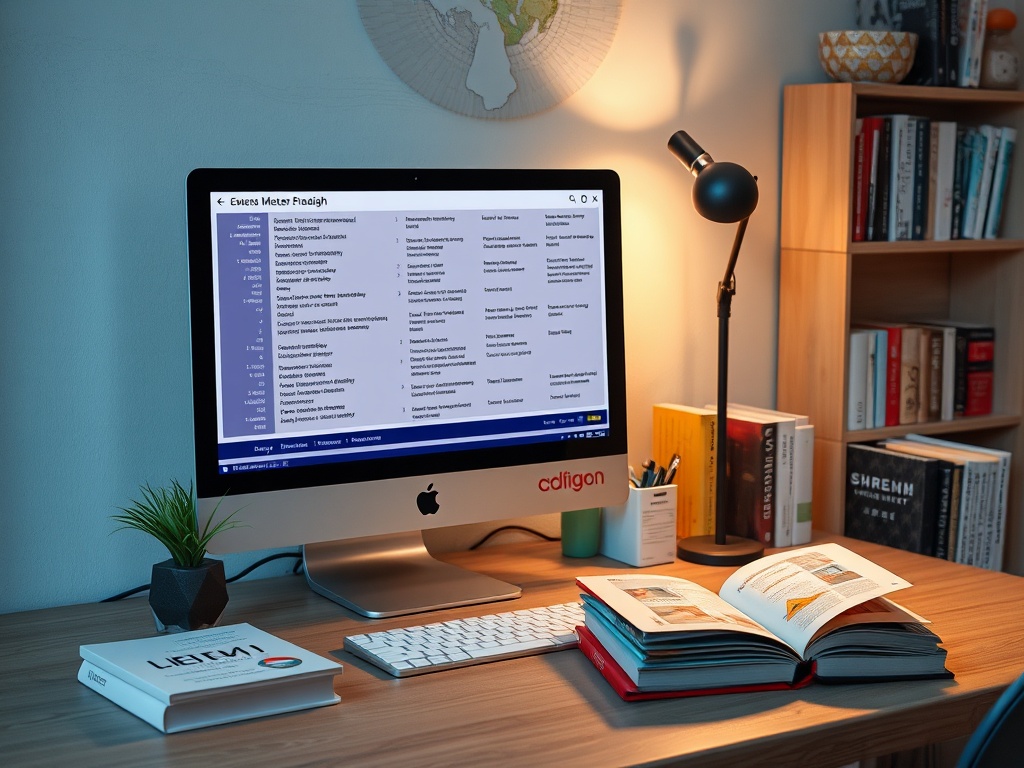 Изображение рабочего стола с компьютером, книгами и настольной лампой в уютной обстановке.