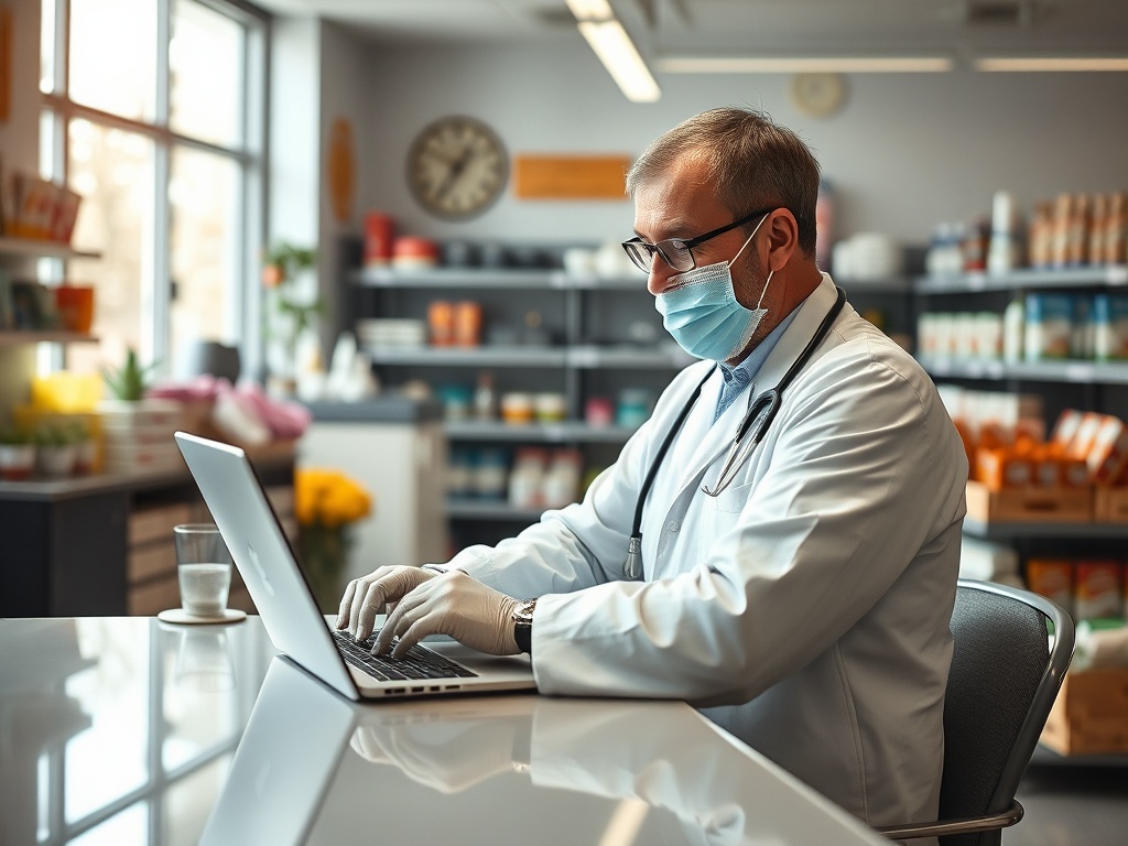 Врач в маске работает за ноутбуком в магазине, вокруг полки с товарами и растения.